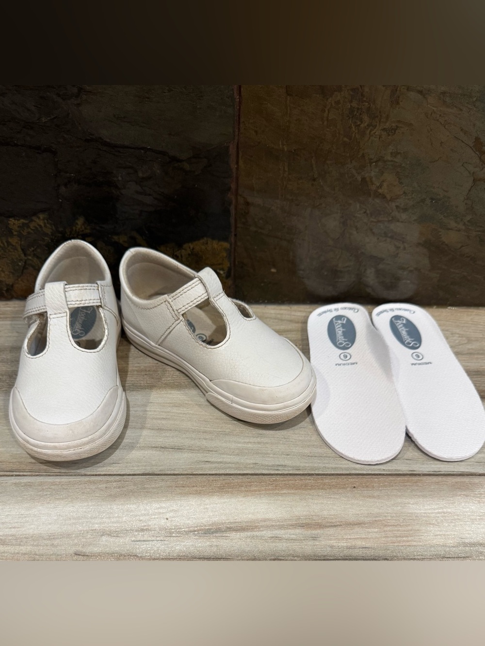Toddler Footmates Leather Drews - White T-Strap Canvas Slip-On Shoes